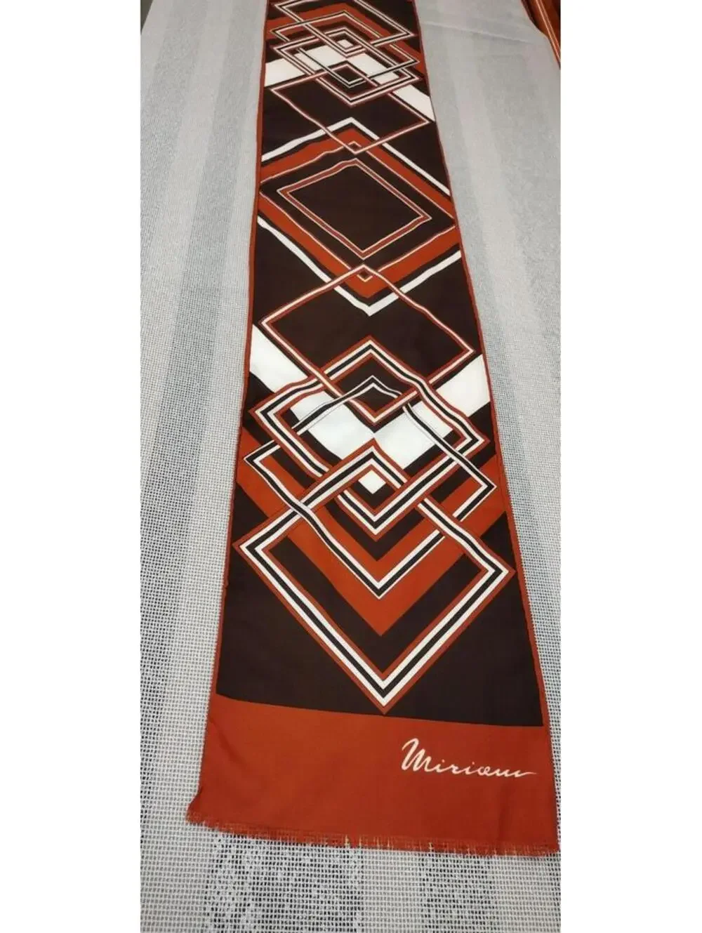 Vintage 70s Miriceu Eureopean Abstract Long Scarf Terra Brown Geometric Diamonds